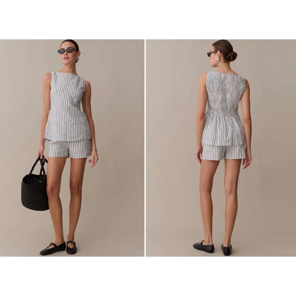 Kourt Veronica Linen Striped Two Piece Shorts Set Antibes stripe Gray/White XS